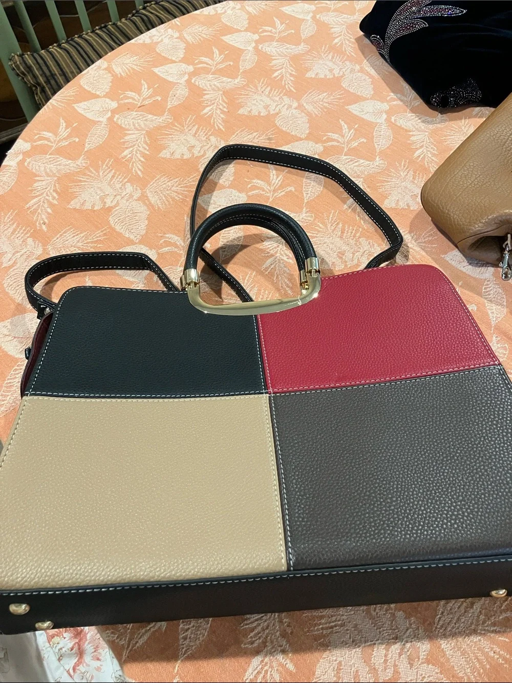 Colorblock Satchel with Top Handle and Detachable Strap - Black, Red, Tan, Brown